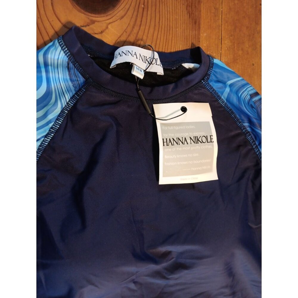 Hanna Nikole Swim Rash Guard Shirt Long Sleeve Top Women Plus 14W Blue Swirl NWT - Picture 2 of 5